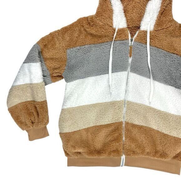 Womens XL Brown/Tan/Gray Stripe Colorblock Zip Front Cuddly Fuzzy Hooded Jacket - Picture 4 of 14